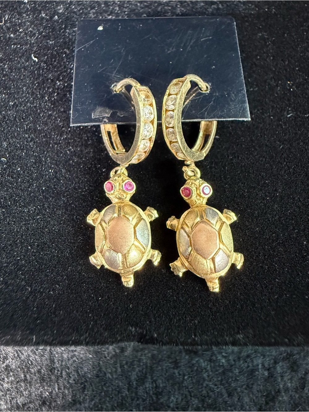14K Tri Color Gold CZ Turtle Drop Dangle Huggies Hoop Earrings 3.7 Grams - Picture 2 of 16
